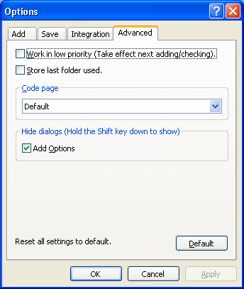 Options dialog - Advanced tab